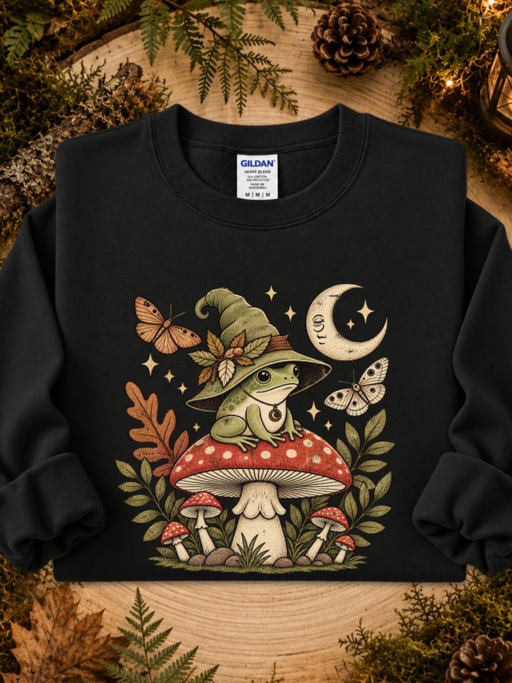 Magical Frog On Toadstool Sweatshirt Graphic Crewneck Whimsy Forest Moth Moon